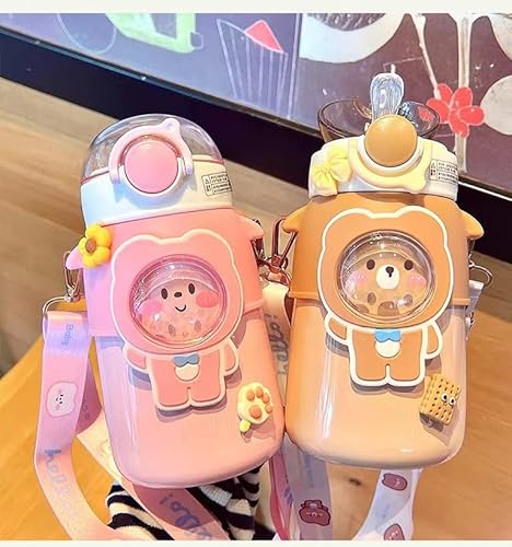 Kawaii Bear Straw Water Bottle With Shoulder Strap, Leak-Proof Stainless Steel Vacuum Bpa Free Cute Insulated Water Bottles And Kawaii Stickers For Girls School Office(Brown) #TOP1