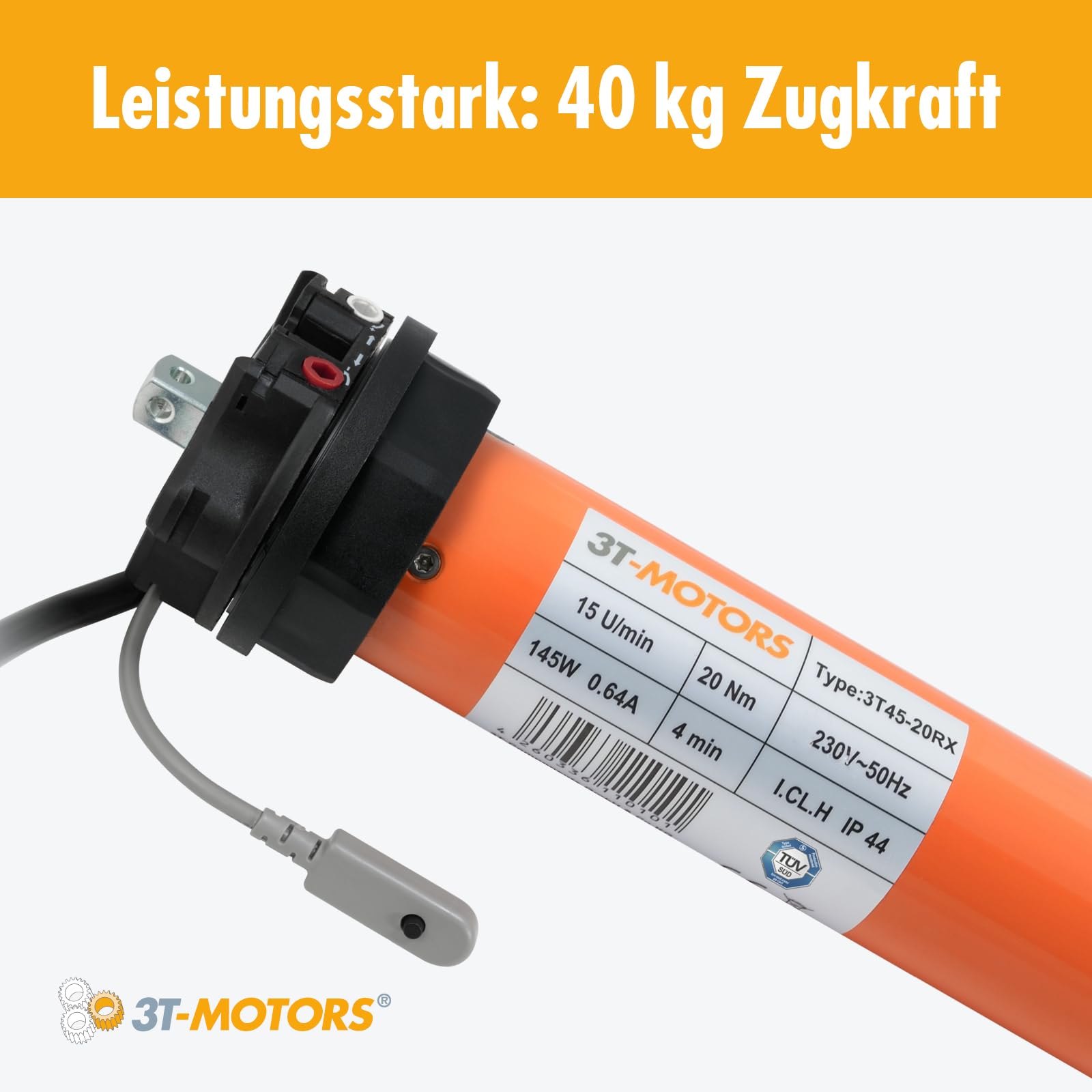3T-MOTORS Funk-Rollladenmotor Komplettset mit Fernbedienung HSZ1, SW60 Welle 1,90 m, 3T45-20RX (Zugkraft 20 Nm/40 kg) mit mechanischen Endschaltern, bidirektional, Rollladenantrieb