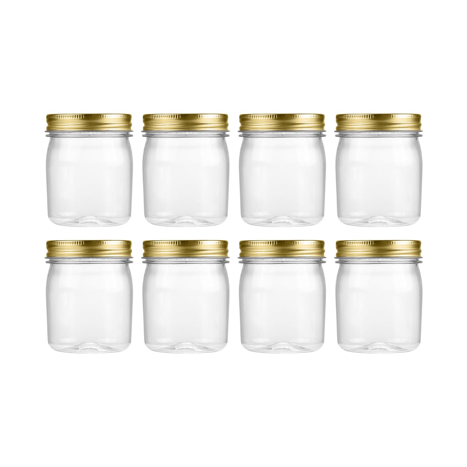 Novelinks 8 Ounce Clear Plastic Jars With Gold Lids - Refillable Round Containers for Kitchen & Household Storage - BPA Free (8 Pack)