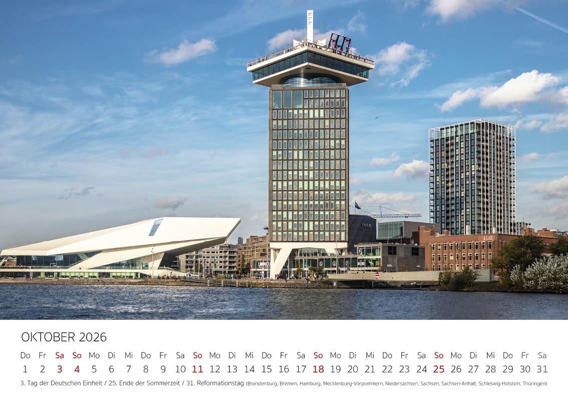 Edition Seidel Kalendarz premium Amsterdam na rok 2026, format DIN A4, kalendarz ścienny, Europa, Holandia, tulipany, kanały, mosty metropolia, panoramę