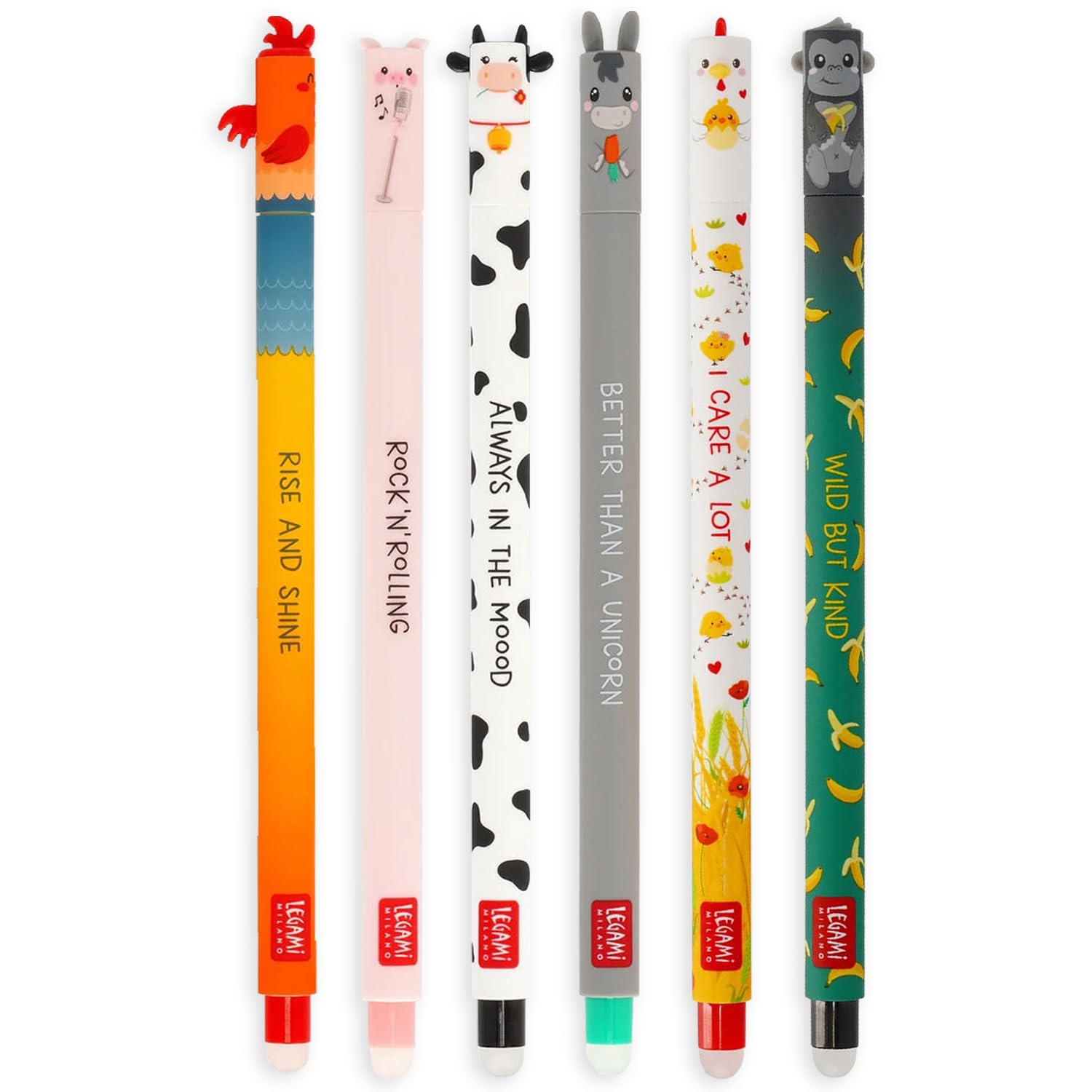 LEGAMI Set of 6 Erasable Gel Pens, Coloured Erase Ink, Animal Themed