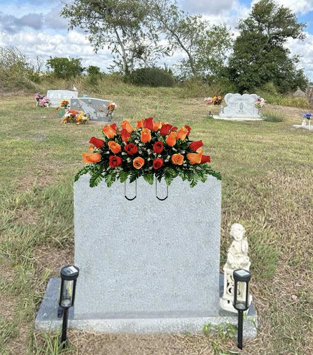 Artificial Roses Cemetery Flowers Outdoor Grave Decorations - Realistic - Saddle Arrangement for Headstone,Tombstone Memorial Decorations,Easy Fit (Red Orange) image 3