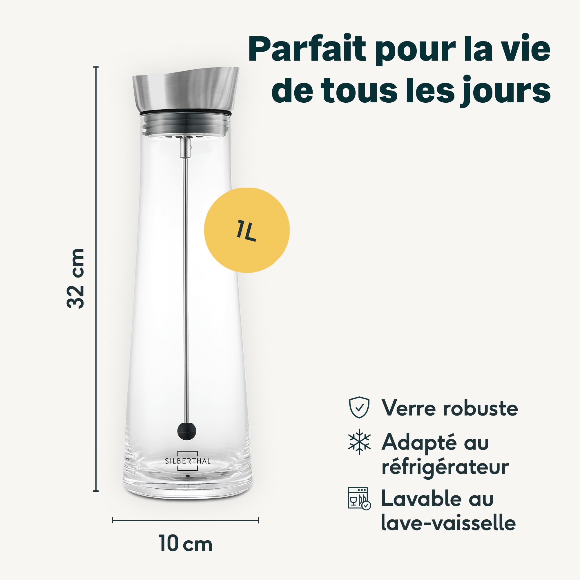 SILBERTHAL Bouteille En Verre Avec Couvercle Verseur En Inox - Infuseur Amovible - 1 litre - Pichet Eau Infusée Detox