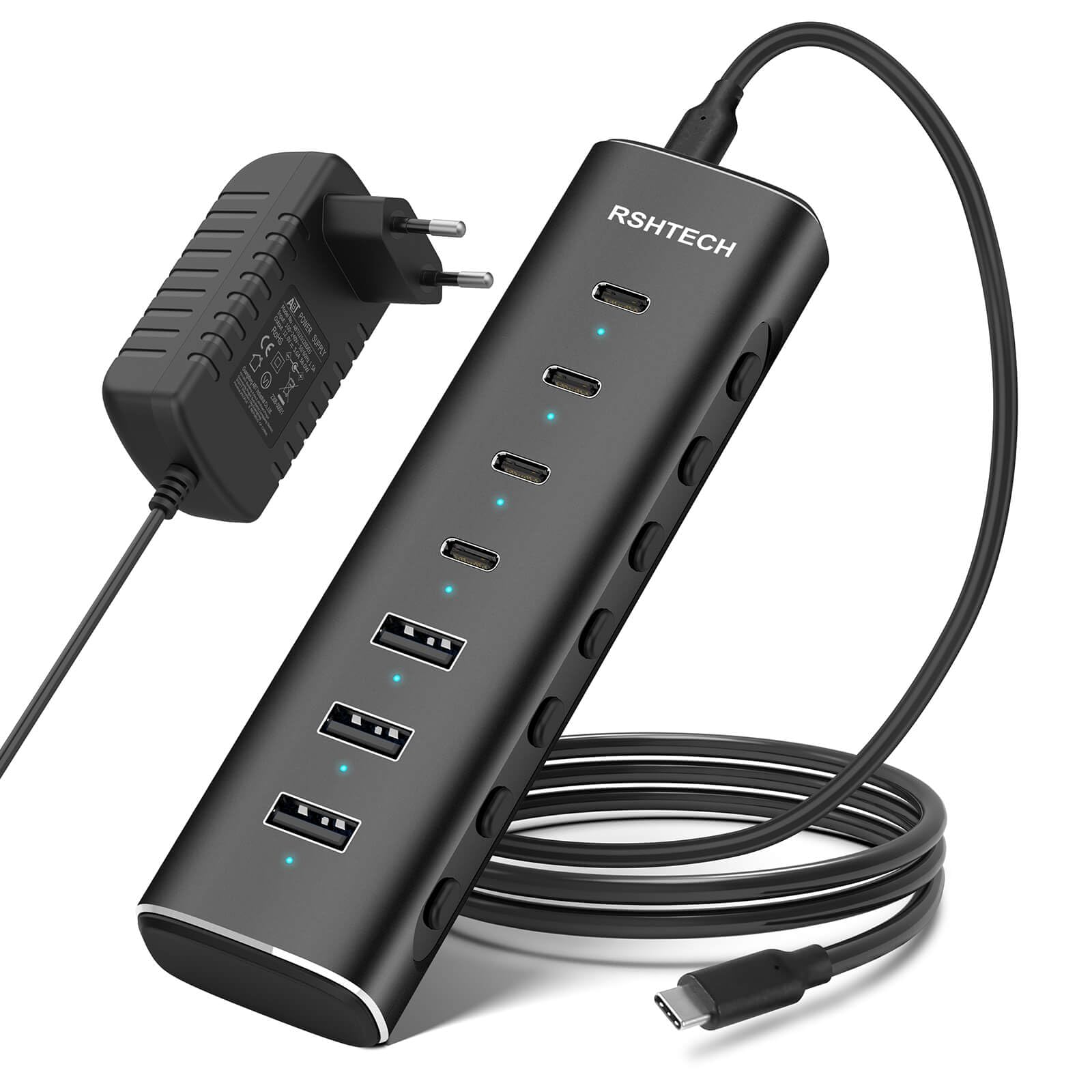 RSHTECH 36W USB C Hub Alimenté 7 Ports (4C+3A) Aluminium USB-C 3.2 10Gbps avec Adaptateur Secteur 12V/3A