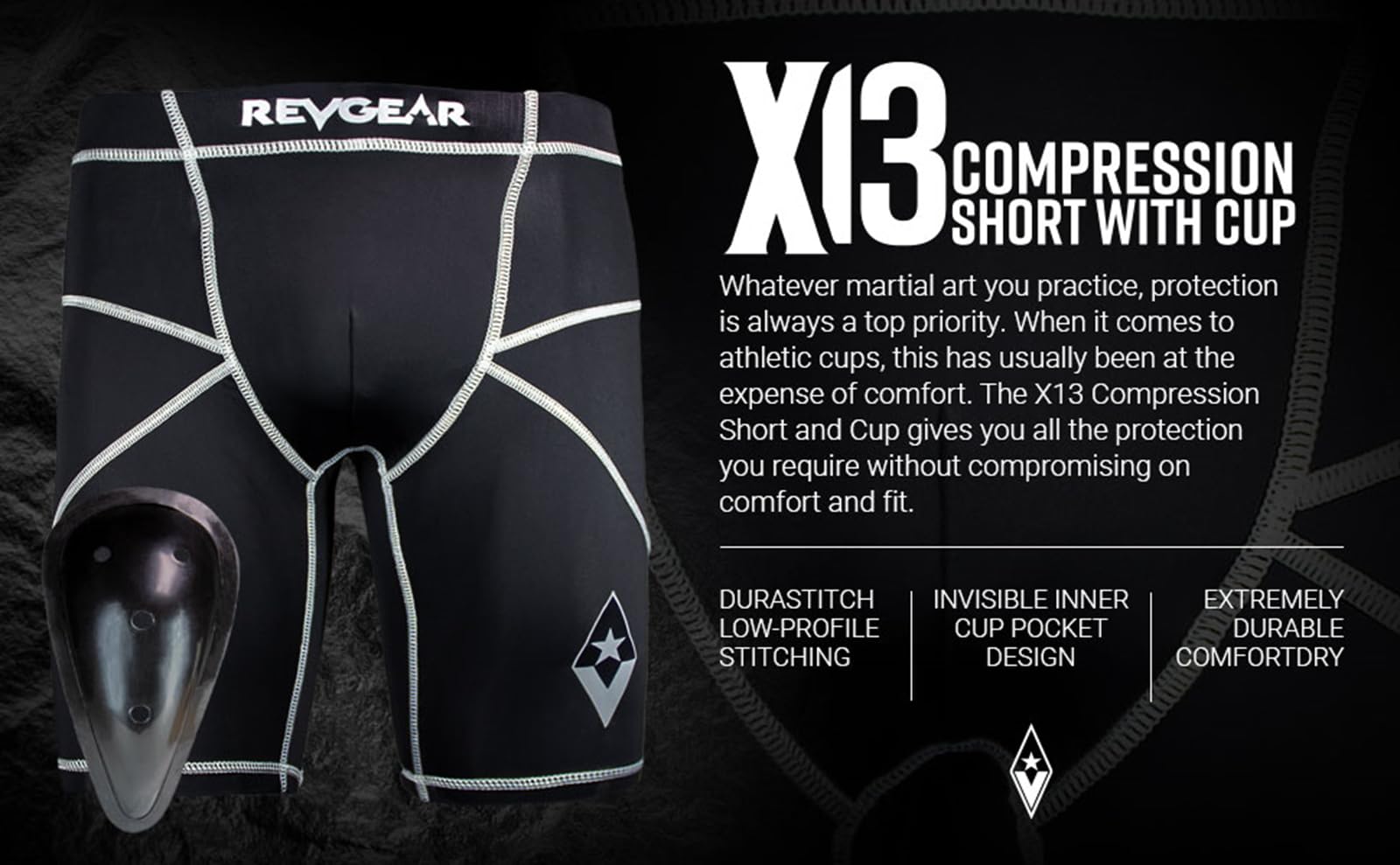 Revgear X13 Compression Short & Cup | Great Protection for All Martial Arts | Invisible Inner Cup Pocket Design (Unisex Size) (US, Alpha, Medium, Regular, Regular) Black