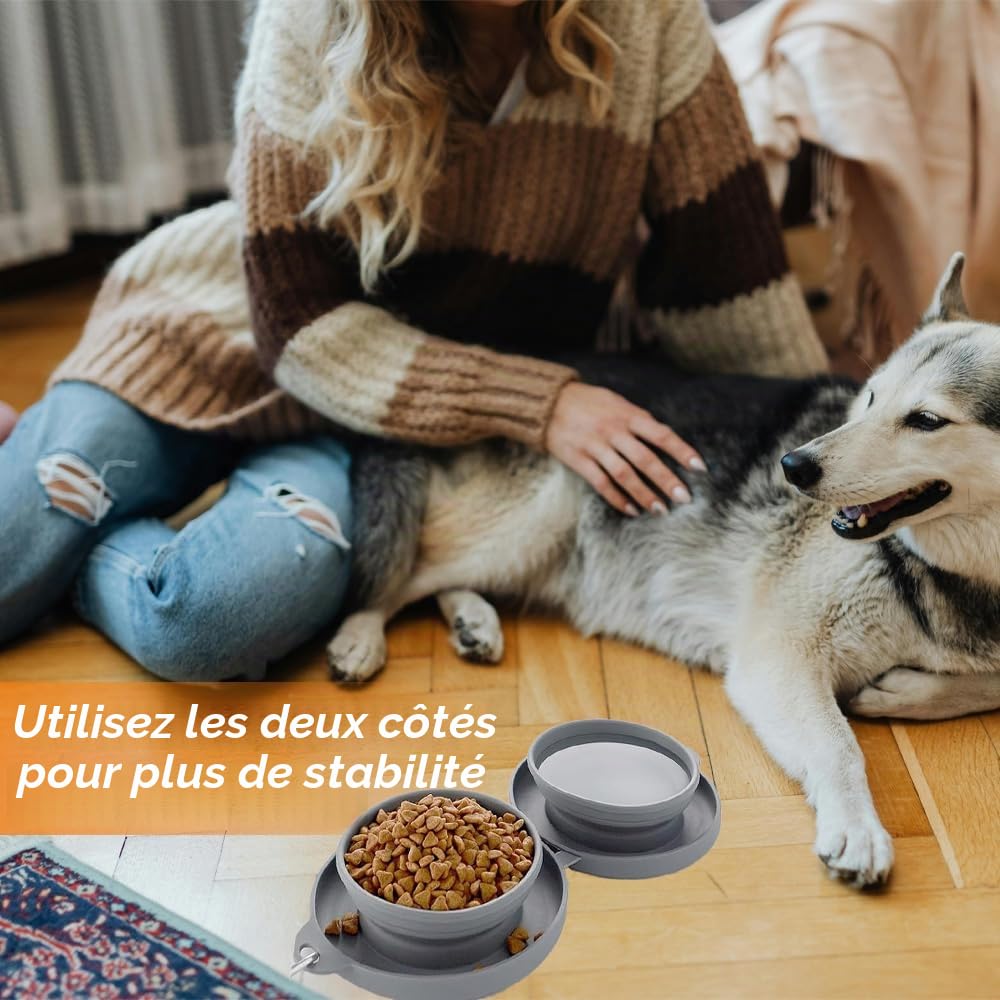Gamelle Pliable 2 en 1 pour Chien, Bol sans Rebord en Plastique, Silicone Gamelles pour Chiens Les Voyages pour la Randonnée Le Camping pour Chiens Chats