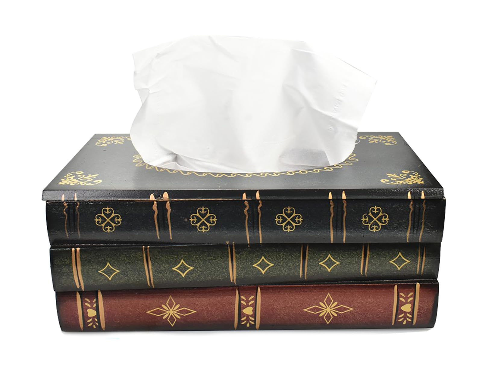 Antique Book Style Tissue Box Cover - Medieval Gothic Wooden Napkin Holder Dispenser, Vintage Home Decor for Living Room, Bathroom, Office (Dark Green LX)