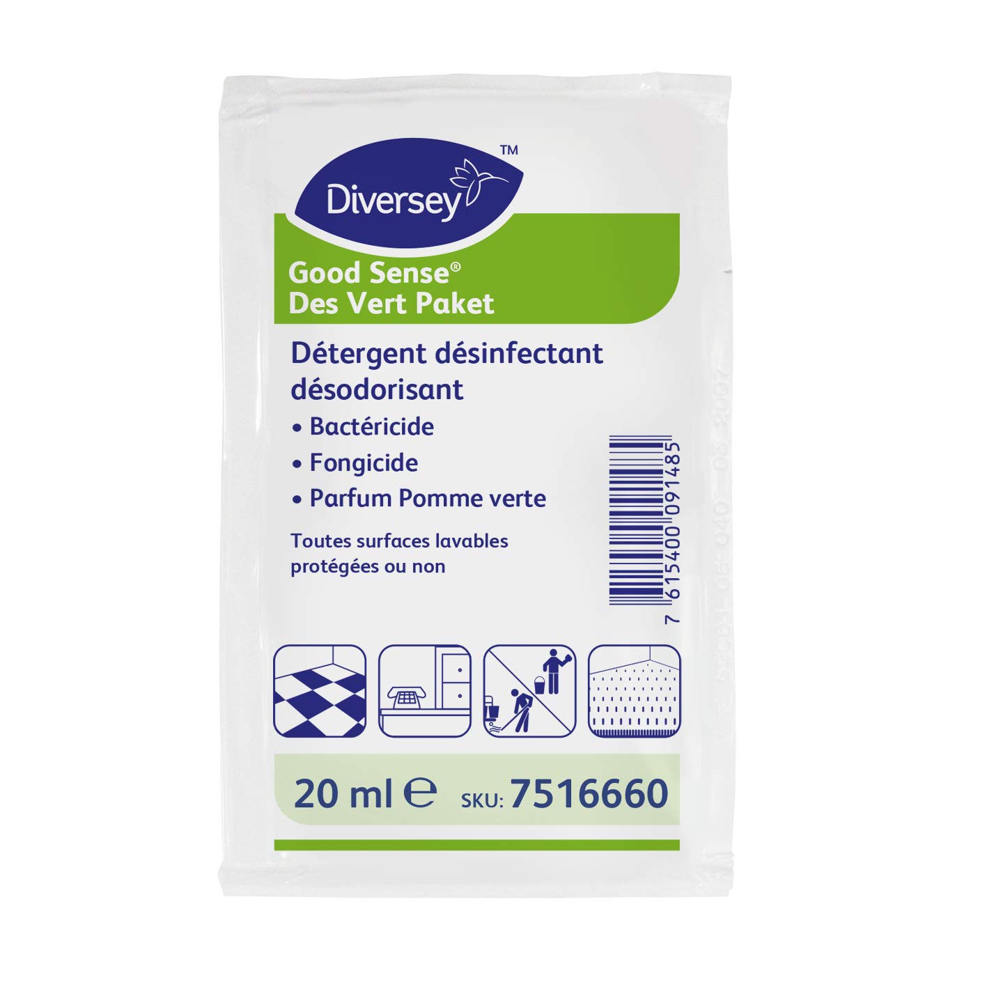 Good Sense Des Vert Paket - Détergent désinfectant désodorisant concentré professionnel - 250 dosettes de 0,2L