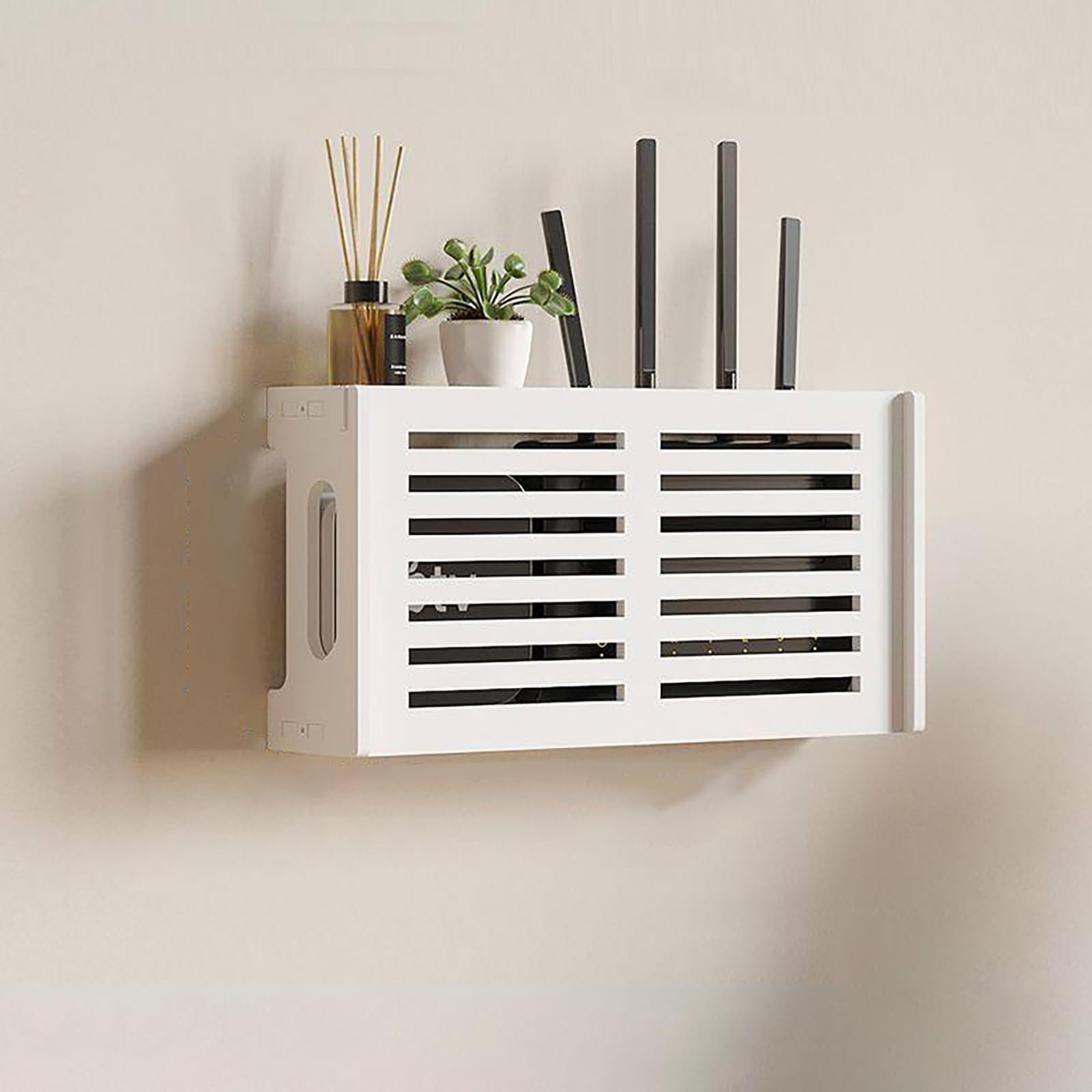 WiFi Router Wandhalterung Box Holz Floating Shelves Cable Organizer Box mit Tür für Schlafzimmer Zuhause Büro Wohnzimmer.(Creamy White,40.5x20.5x9.5cm)