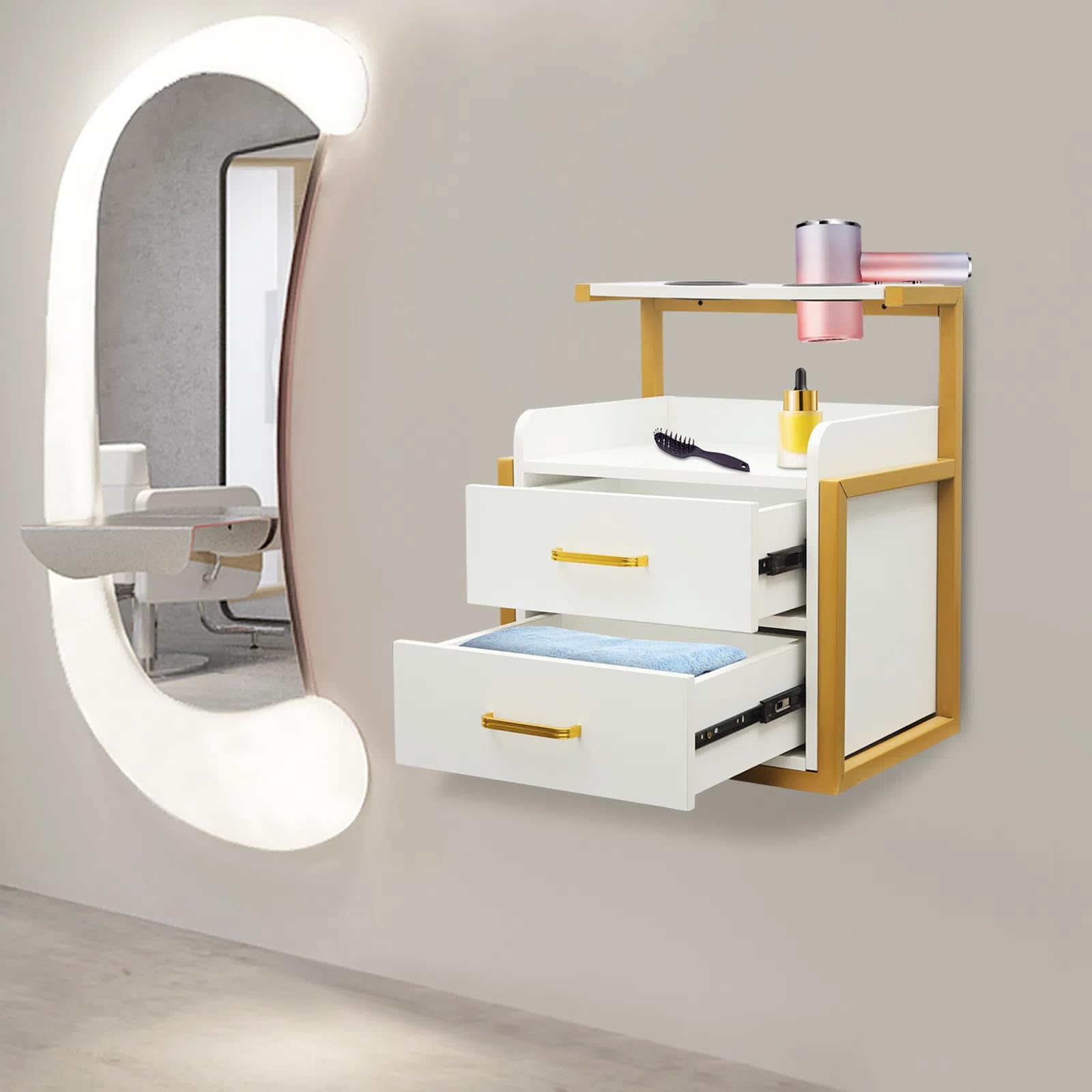 Suspended Salon Wall Cabinet, Wall Mounted Styling Salon Station, Hair Cutting Station w/2 Storage Drawers&Hair Dryer Stand, Facial Salon Storage Cabinet for Hair Salon,Home,Beauty Shops (Gold+White)