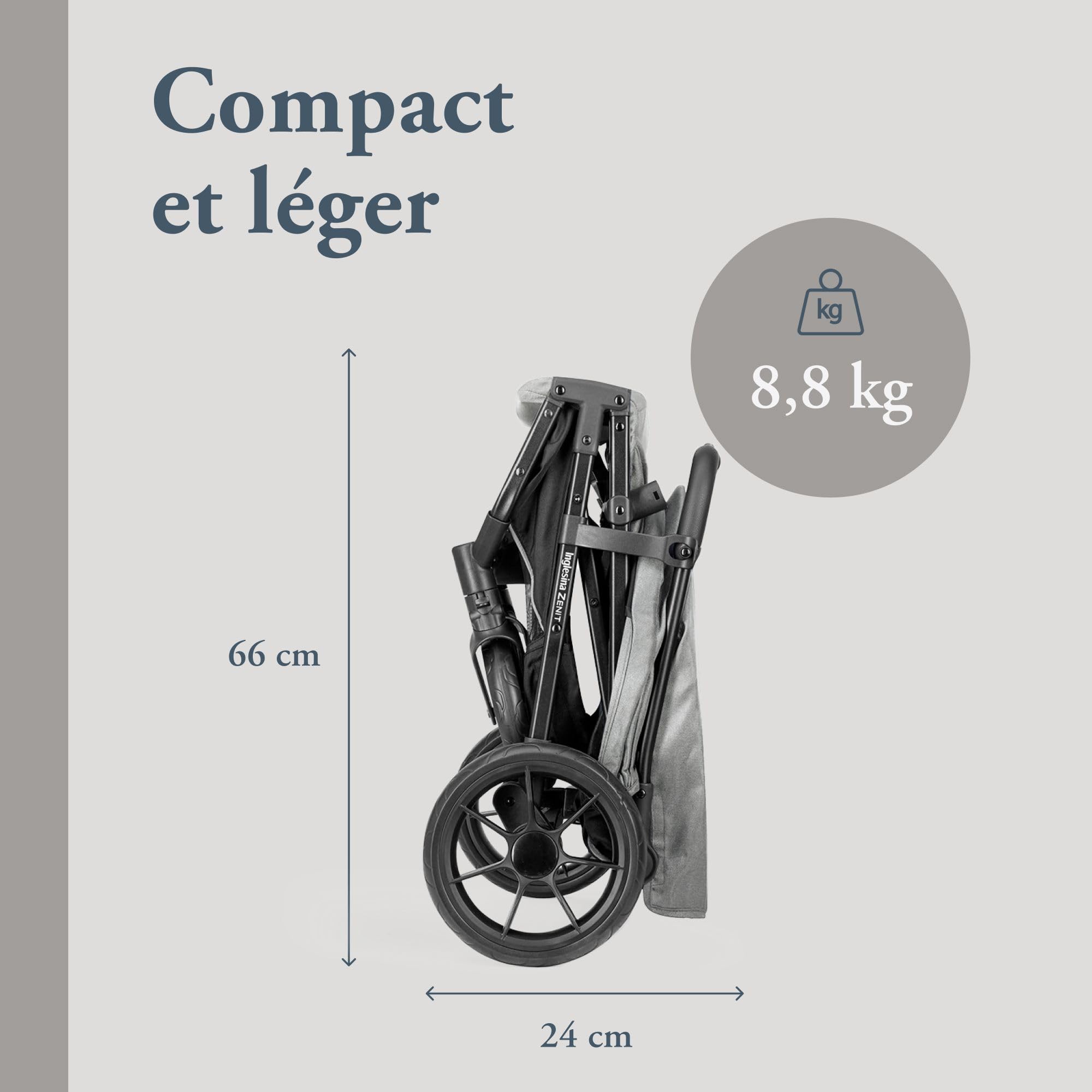Inglesina Zenit Poussette Compacte, Gris, Performances Excellentes, Confortable, jusqu'à 22kg, Grandes Roues, Siège Spacieux, Exclusivité Amazon