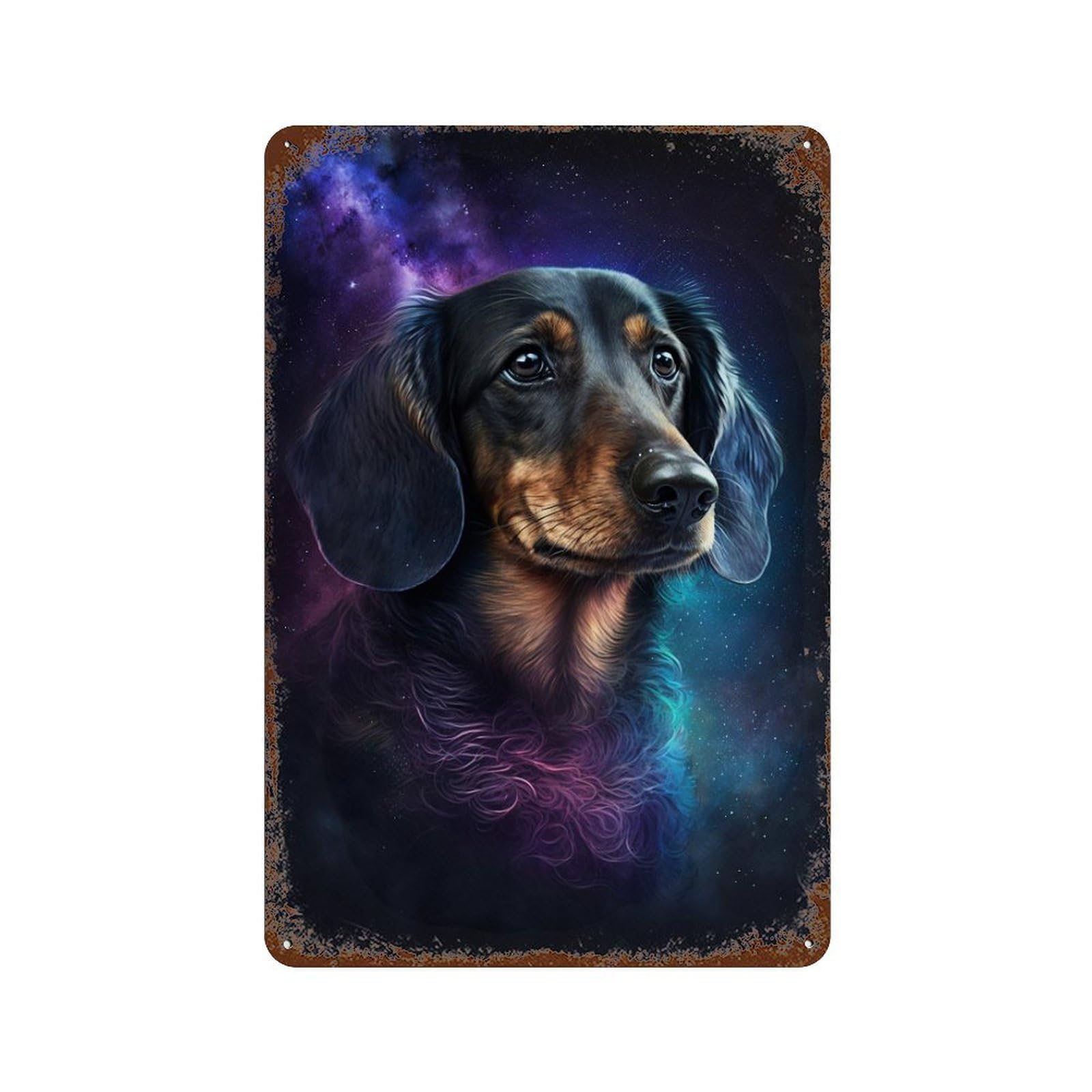 Rust Effect Galactic Dachshund Portrait -13 Decorative Tin Sign 11.8"x7.9", Classic Wall Plaque for Pub, Kitchen And Man Cave Decor