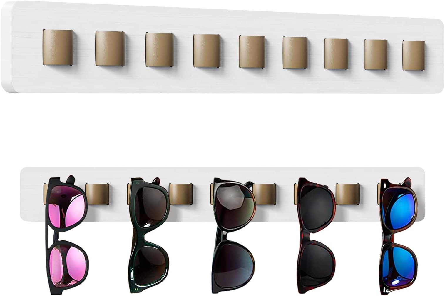 OEC-T5 Sunglasses Organizer Glasses Holder Wall, Wood Sunglasses Storage, 9 Hanging Rings Eyeglasses Holder Leather, Eyewear Display Key Hanging Storage Home Decor, White, M