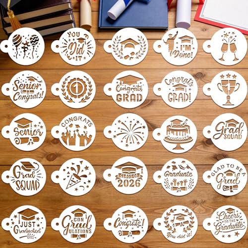 Konsait 25 Pack Graduation Cookie Stencils Congrats Grad Reusable Coffee Cookie Decorating Stencils Mold Tools for Hot Cocoa,Dessert,Mousse and Cappuccino