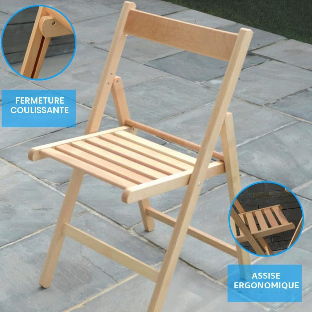 Tomaino - Lot de 4 chaises pliantes de camping en bois - Pour intérieur et extérieur - Peu encombrant, idéal pour cuisine, jardin, balcon (naturel)