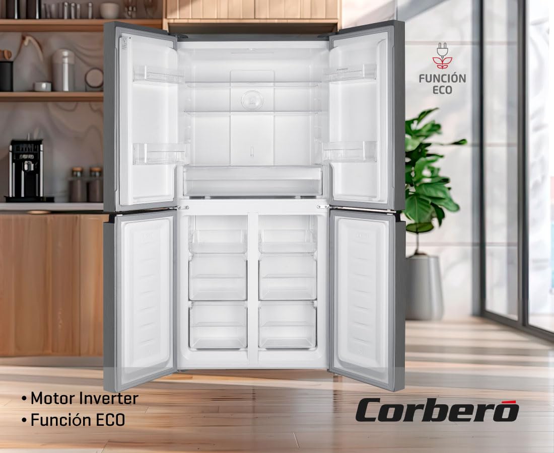 Corberó - Frigorífico 4 Puertas | CF4PH4823NFX | No Frost | Inverter | 362L | 180 cm | Display Puerta | Fresh Box | Crisper | Fresh Box Convertible | Estantes de Cristal | Función Eco | Inox