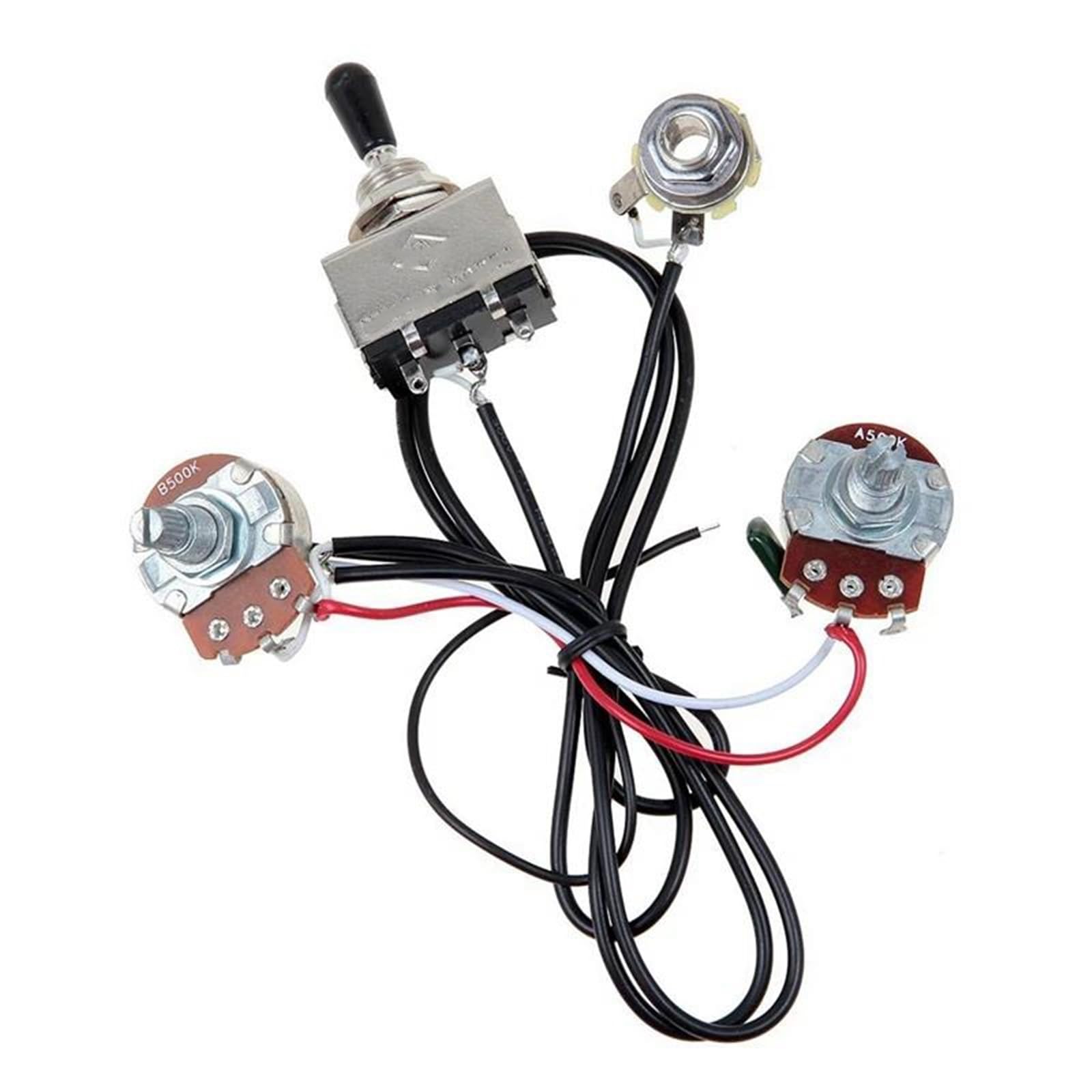 Kit Arnés Precableado Arnés de cableado para guitarra precableado pastilla doble 500 K potenciómetro interruptor de palanca de 3 vías color plateado 20 unidades