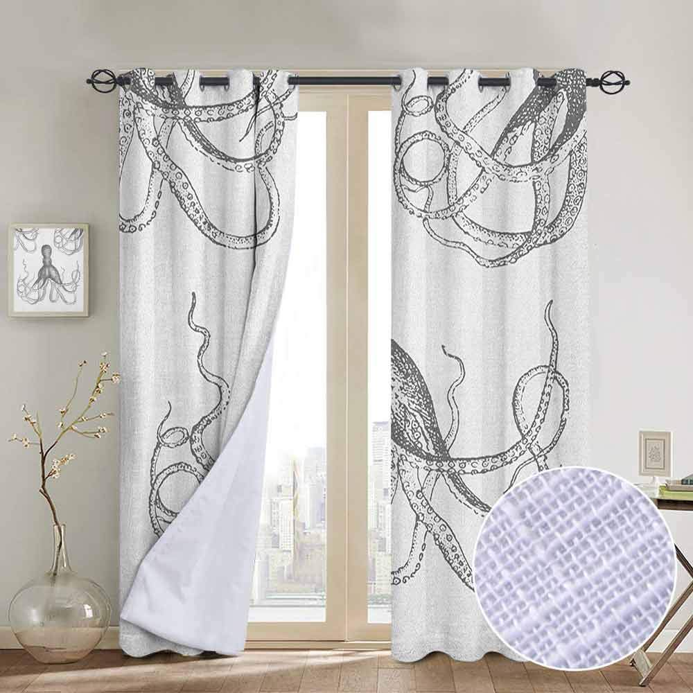 NUOMANAN Decorative Curtains for Living Room Octopus,Ocean Inspired Sketch Art of an Animal with Long Tentacles Marine Life Undersea, Grey White,Blackout Draperies for Bedroom 54"x84"