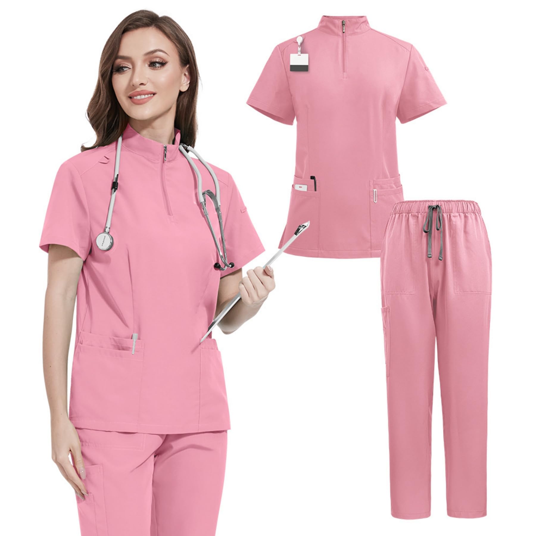 Yodilala Caregiver uniform set,zip-up collar top &straight-leg pants,unisex,suitable for veterinarians and medical personnel