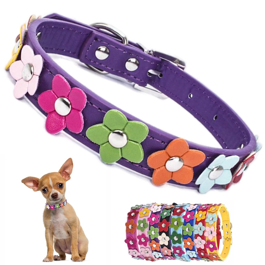 Collier pour chien et chat violet avec fleurs colorées M pour les balades