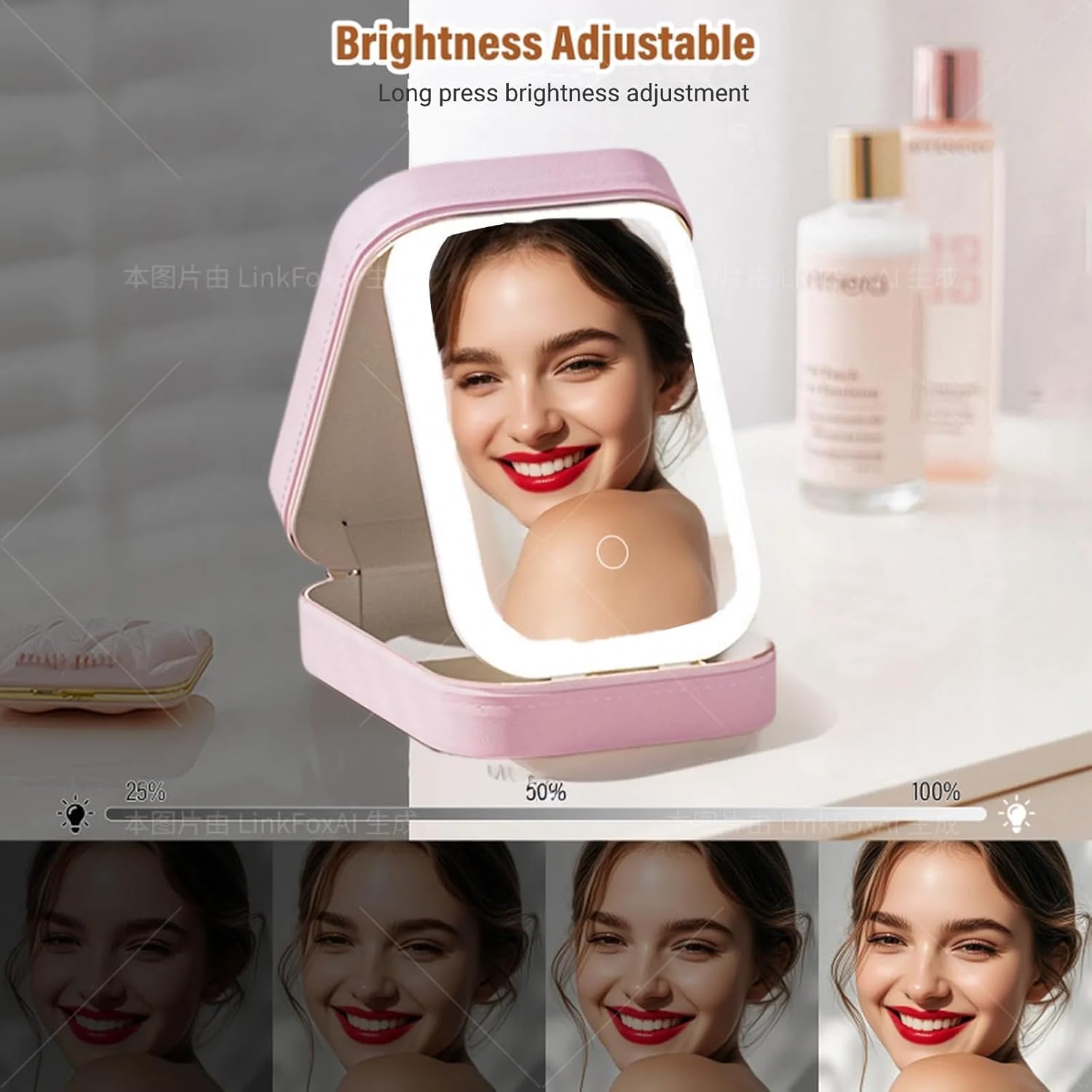 CREWLA LED Lighted Makeup Mirror Jewelry Box – Portable 2-in-1 Travel Organizer with Adjustable Lighting, Cosmetic Storage & Rechargeable Battery – Compact Vanity Mirror for Women (Pink Led Mirror) 2