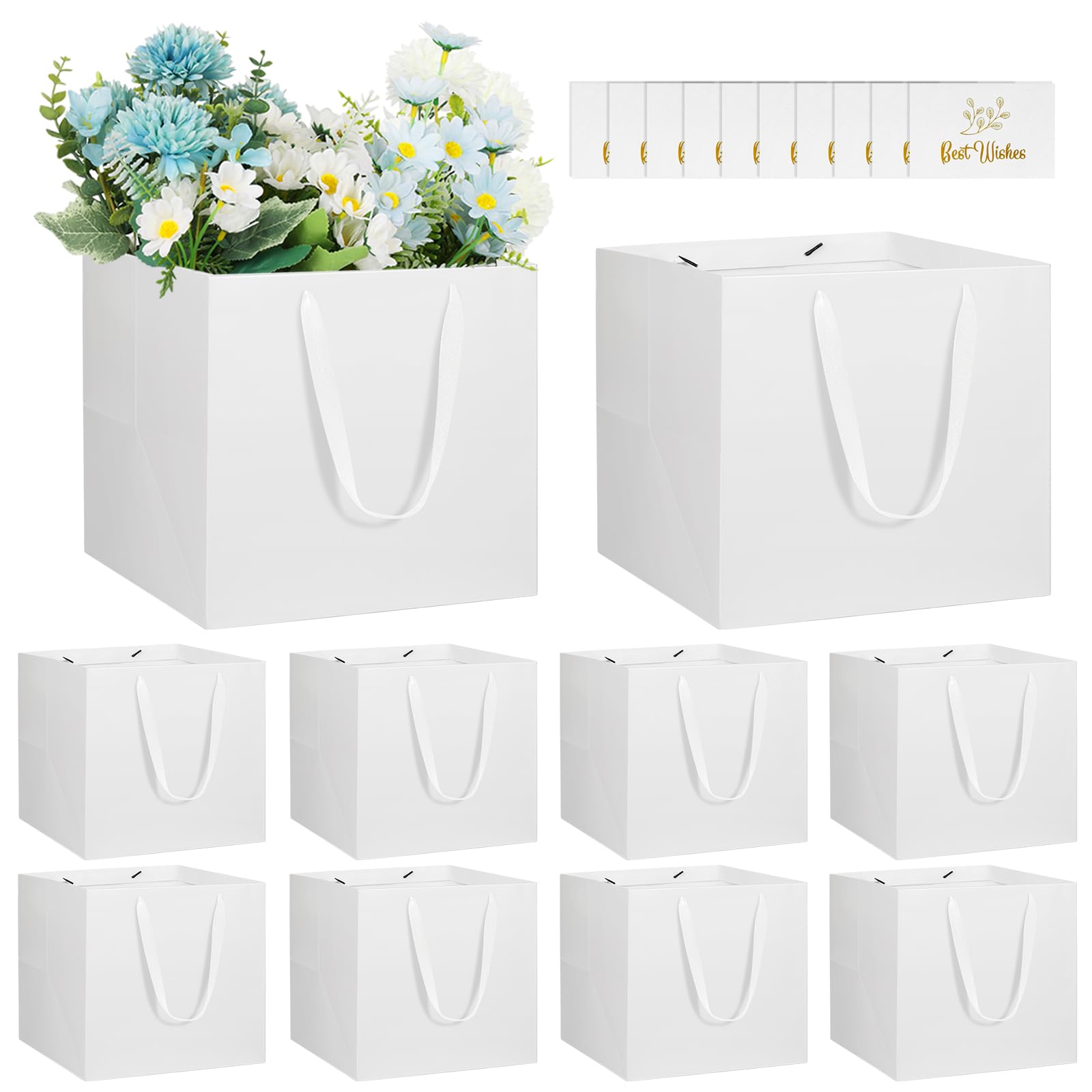 NAHRMY 10 Pack Medium Gift Bags with Cards, White Square Gifts Paper Bag for Presents small Luxuries Cake Wedding Graduation Birthday Party 20 x 20 x 20 cm