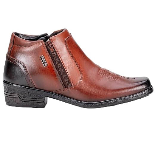 Bota Masculina Social De Couro Zíper Salto Bico Quadrado Country Sola Costurada Macio (37, Mogno)