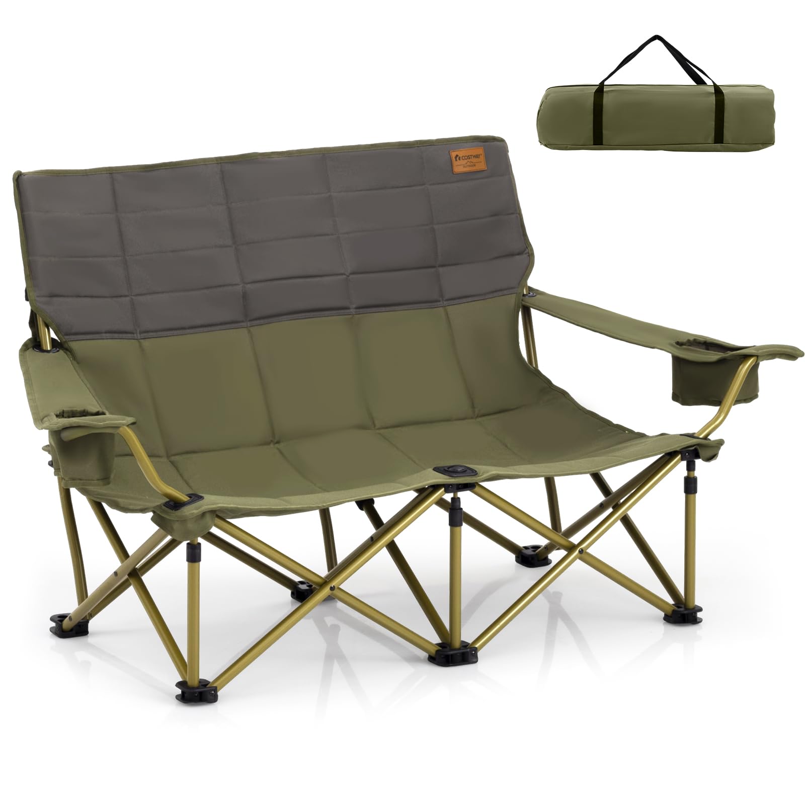 GOPLUS - Silla de camping doble, sillón de playa acolchada con portavasos, apoyabrazos ajustables, banco de camping de 2 plazas plegable para pesca, camping, picnic, playa, carga 300 kg (verde)