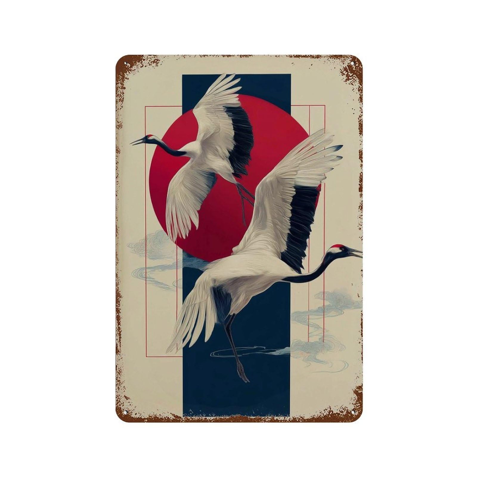 xiaoxiaoshen Japanese Crane Minimalist Red Sun Design Elegant Asian Bird Work Modern Oriental Wall Decor Art Metal Tin Poster Modern Home Decor Art Home Bar Shop Decorations Vintage Sign 30x20cm
