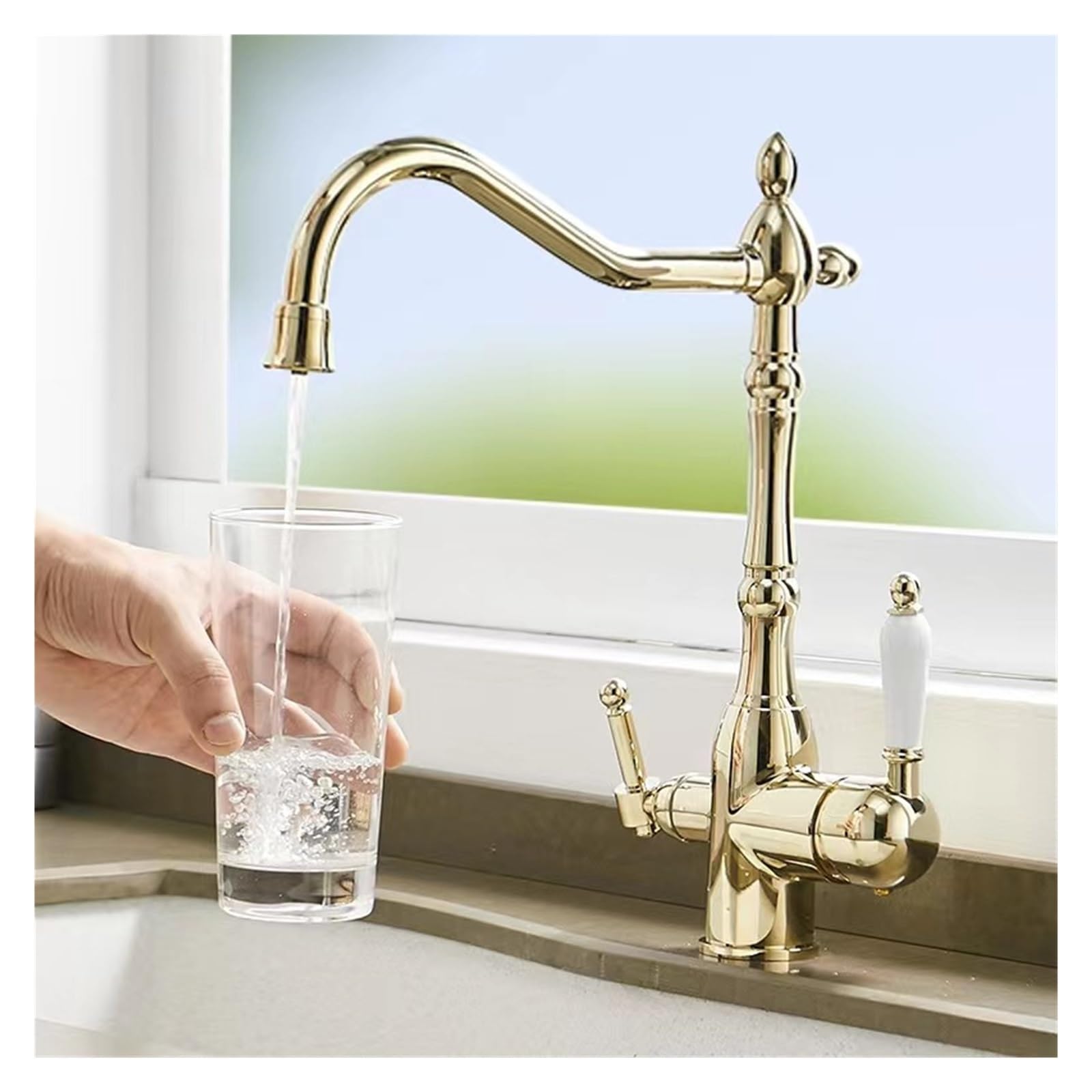 ZYCHSJXA Gourmet Kitchen Sink Faucet All Copper Cold and Hot Three in One Water Purification Rotatable Faucet(Black)