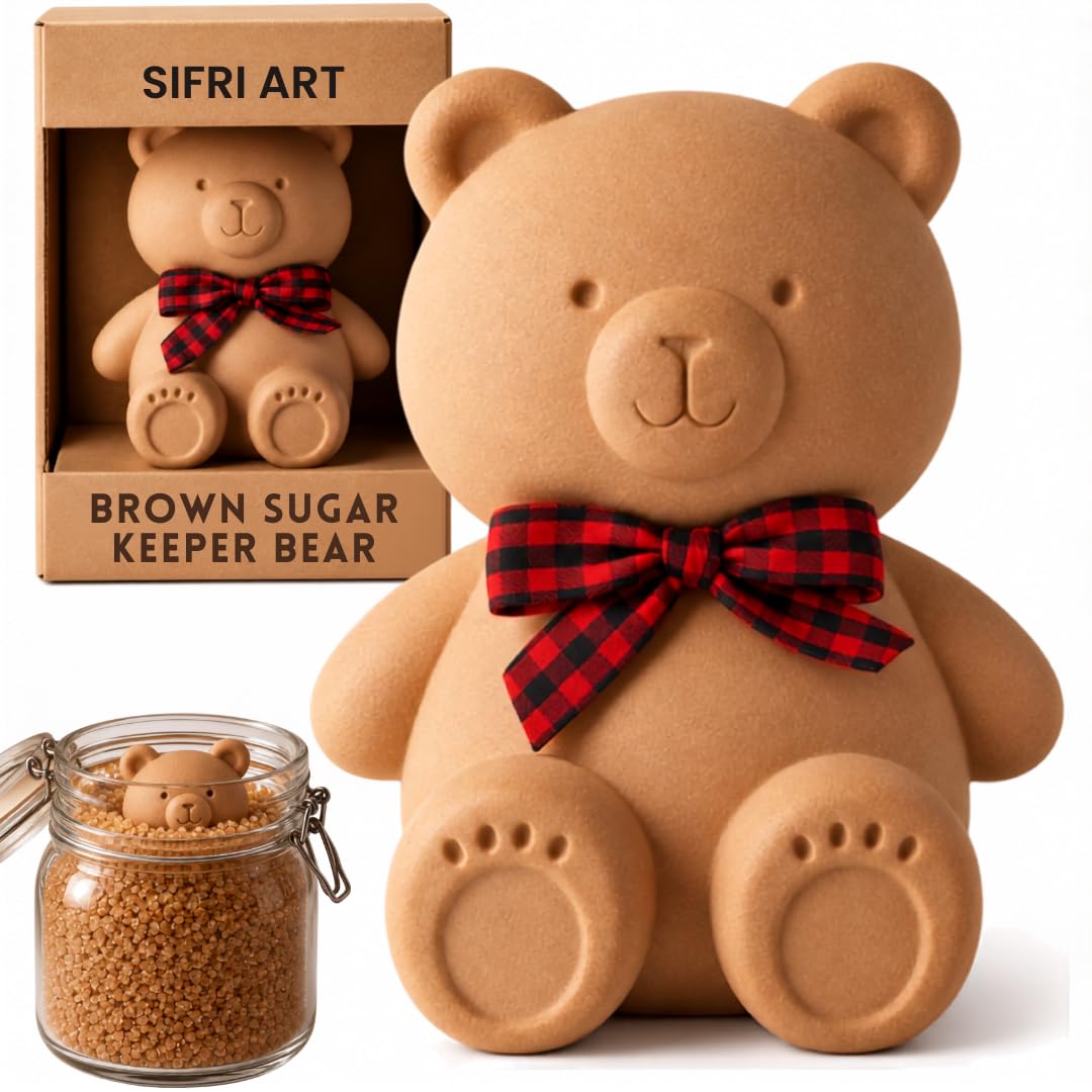 Brown Sugar Bear Keeper – 3D Terracotta Clay Sugar Saver Softener, Reusable Moisture Stone for Brown Sugar, Cookies, Marshmallows, Herbs, Baking &amp; Kitchen Storage
