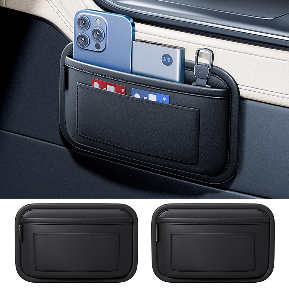 DURASIKO 車用収納ポケットレザー製小物整理バッグ 貼り付けタイプバッグ 携帯収納 多機能 小物収納 コンパクト ベルクロ 取付簡単 レシート/カード/財布/携帯電話/メガネ PU素材 防水 汚れ防止 耐摩耗性 汎用 カー用品 2本(ブラック)