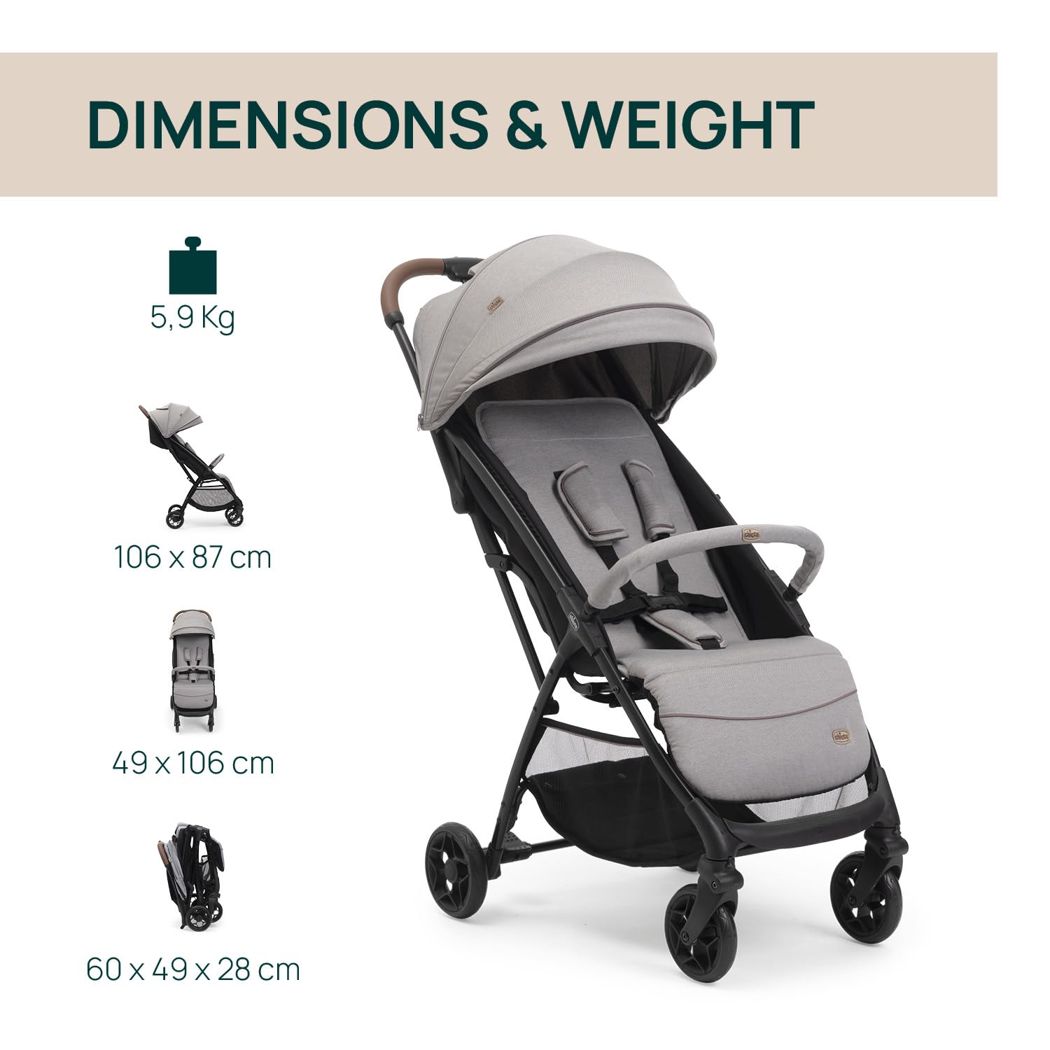 Chicco Glee Kinderwagen Leicht, Automatisches Zusammenklappen, Breiter Sitz, Verstellbare Rückenlehne, Bis 22 kg, Beige