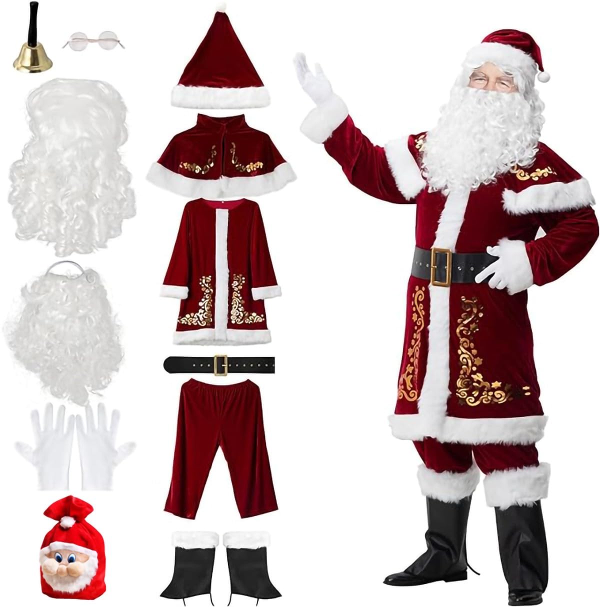 Weihnachtsmann-Kostüm in Übergröße, Weihnachten, 12-teilig, Deluxe-Samt-Weihnachtsmann-Anzug für Erwachsene, Teenager-Kostüm für Damen und Herren