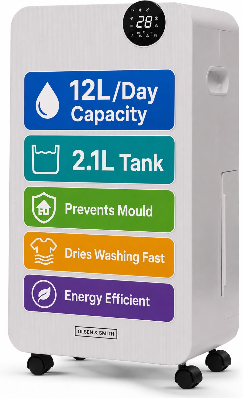 Olsen & Smith 12L/Day Portable Quiet Electric Dehumidifier Dehumidifiers for Home Damp with Laundry Mode, 5p/h to run, for Bedroom Kitchen Bathroom Garage on Wheels, 2.1L Tank & Drainage Hose, White