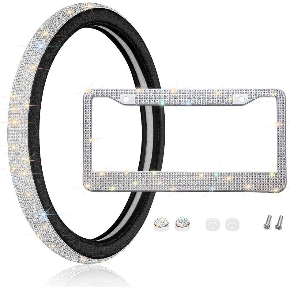 OTOSTAR Luxury Litchi Soft Leather Crystal Steering Wheel Cover, with Premium Bling Bling Diamond 15 inch (Black+Crystal Diamond License Plate Frame Silver 1 Pack)