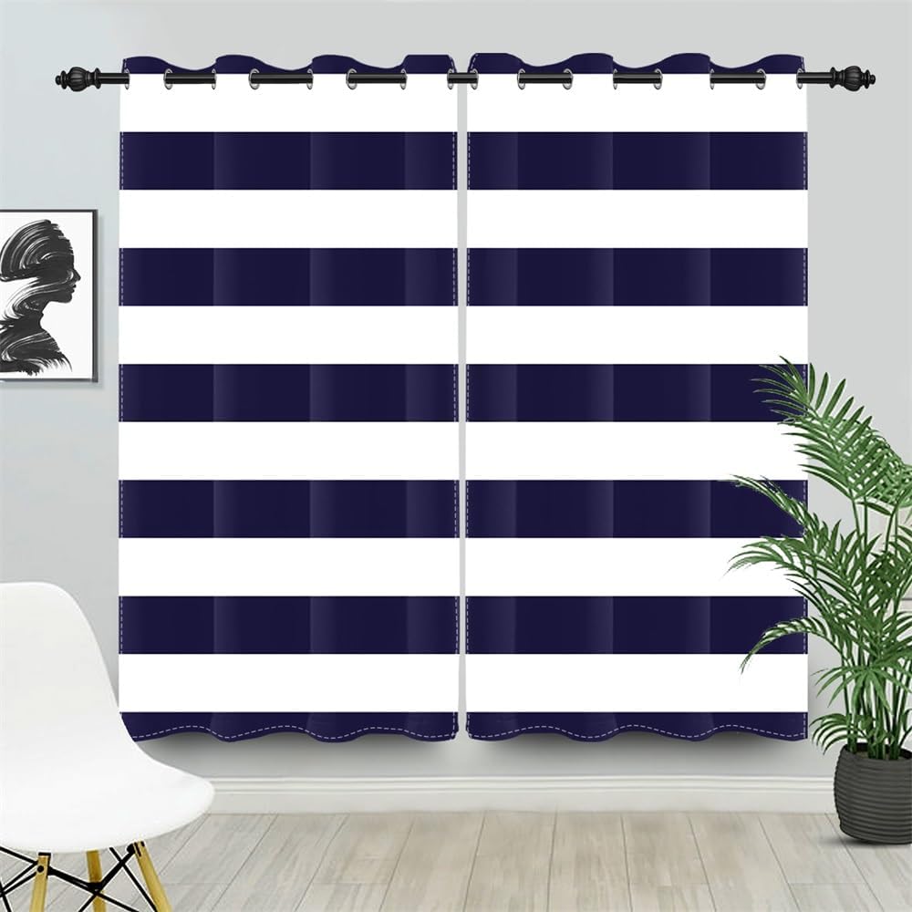 Blue White Horizontal Striped Blackout Curtains Navy Blue Stripe Window Curtains Retro Funky Boho Art Farmhouse Bedrroom Horizontal Lines Printed Drapes with Grommets,26x36 inch,2 Panels