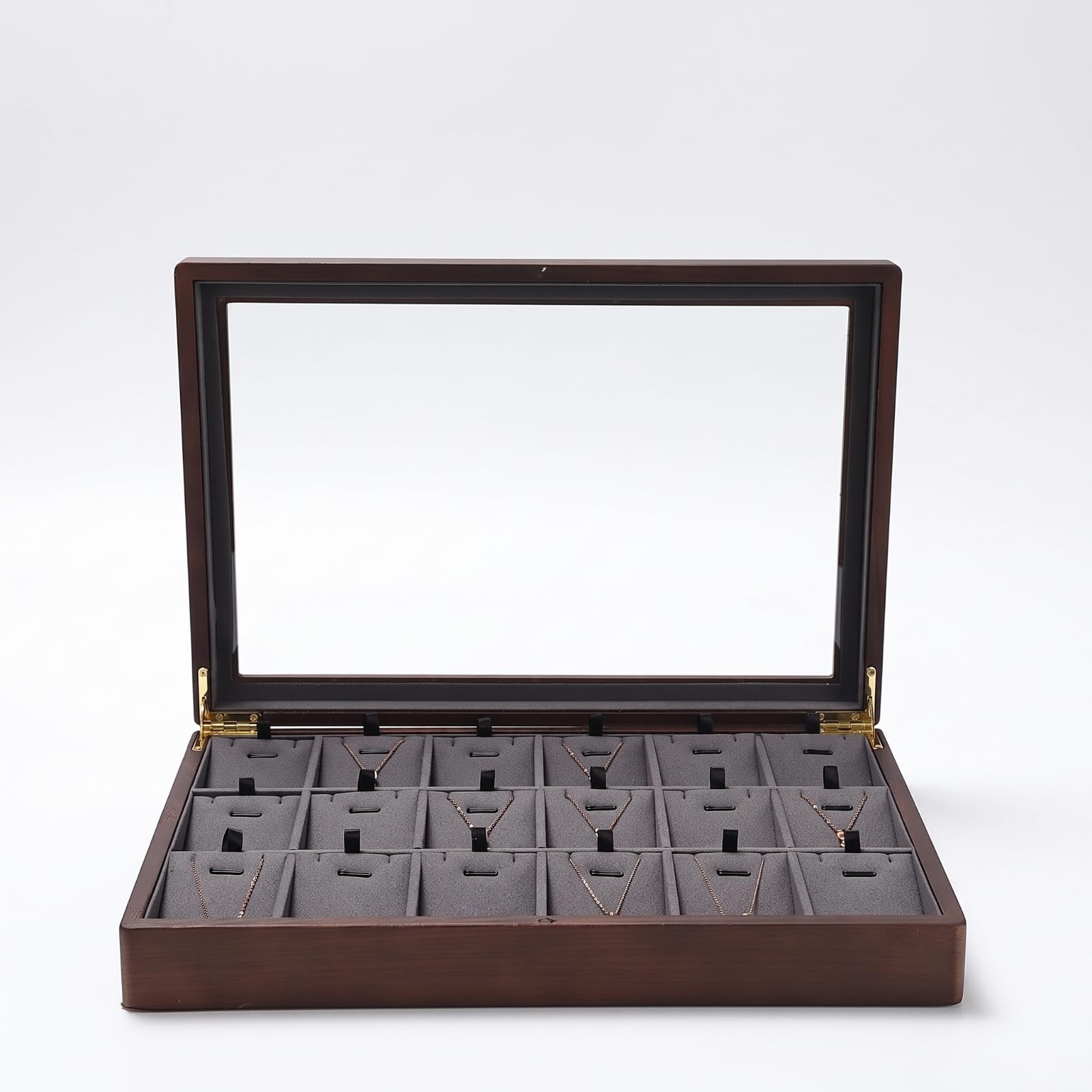 Harilla Vassoio Esposizione Gioielli Scatola Gioielli Contenitore Organizer Espositore con Top Vetrato E Cerniere Metalliche Legno Elegante E Divisori Interni, Grigio Scuro, Elegante