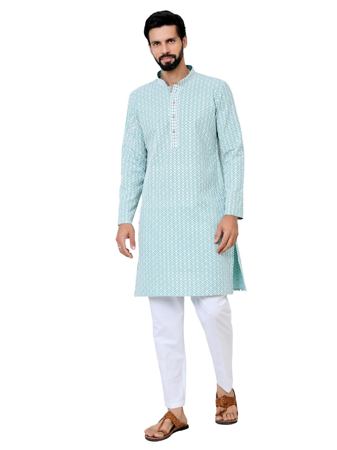 see designs Men's Full Sleeve Mandarin Collar Embroidered Thread Work Sequinned Rayon Straight Long Kurta with Pyjama - Festive Collection-picture-20
