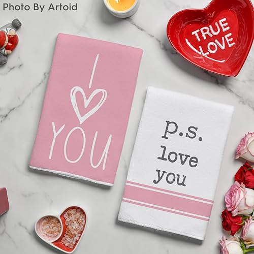 Miniatura 2 de Artoid Mode Juego de 4 toallas de cocina para el día de San Valentín con diseño de rayas de corazón rosa, 18 x 26 pulgadas, decoración de boda,