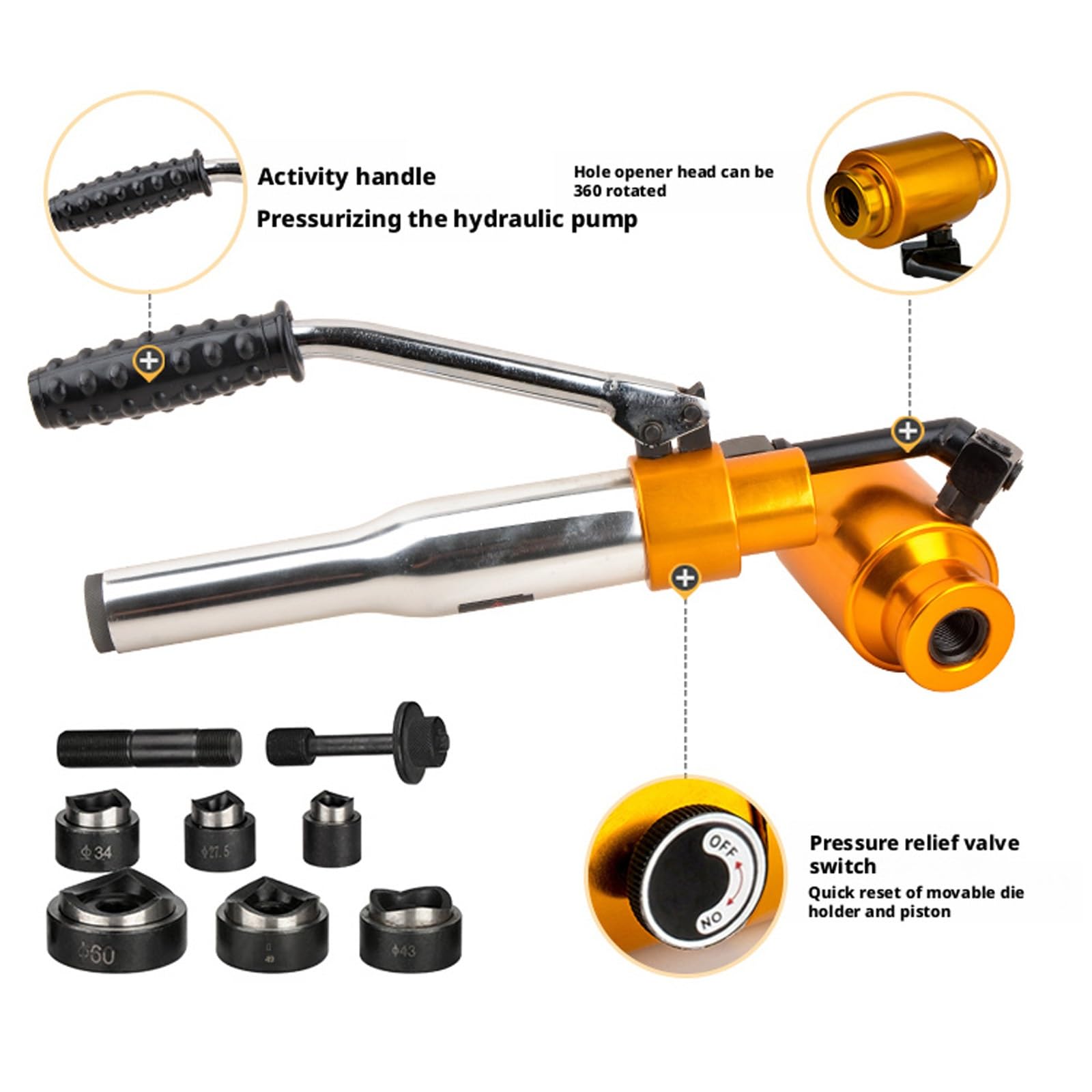 Zestaw hydraulicznych wybijaków, ręczny wybijak otworów, narzędzia do blachy 10T, hydrauliczny wybijak otworów w metalu 22,5-61,5 mm, do aluminium, stali nierdzewnej