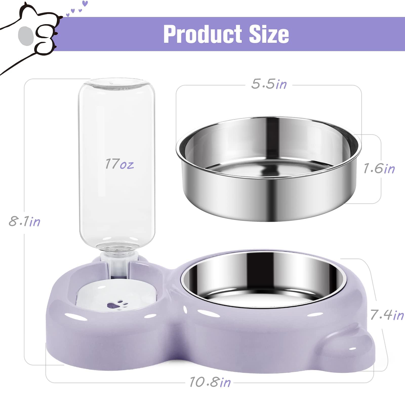 Cuencos for Perros y Gatos, Juego de comederos bebederos Acero Inoxidable for pequeños, Morado