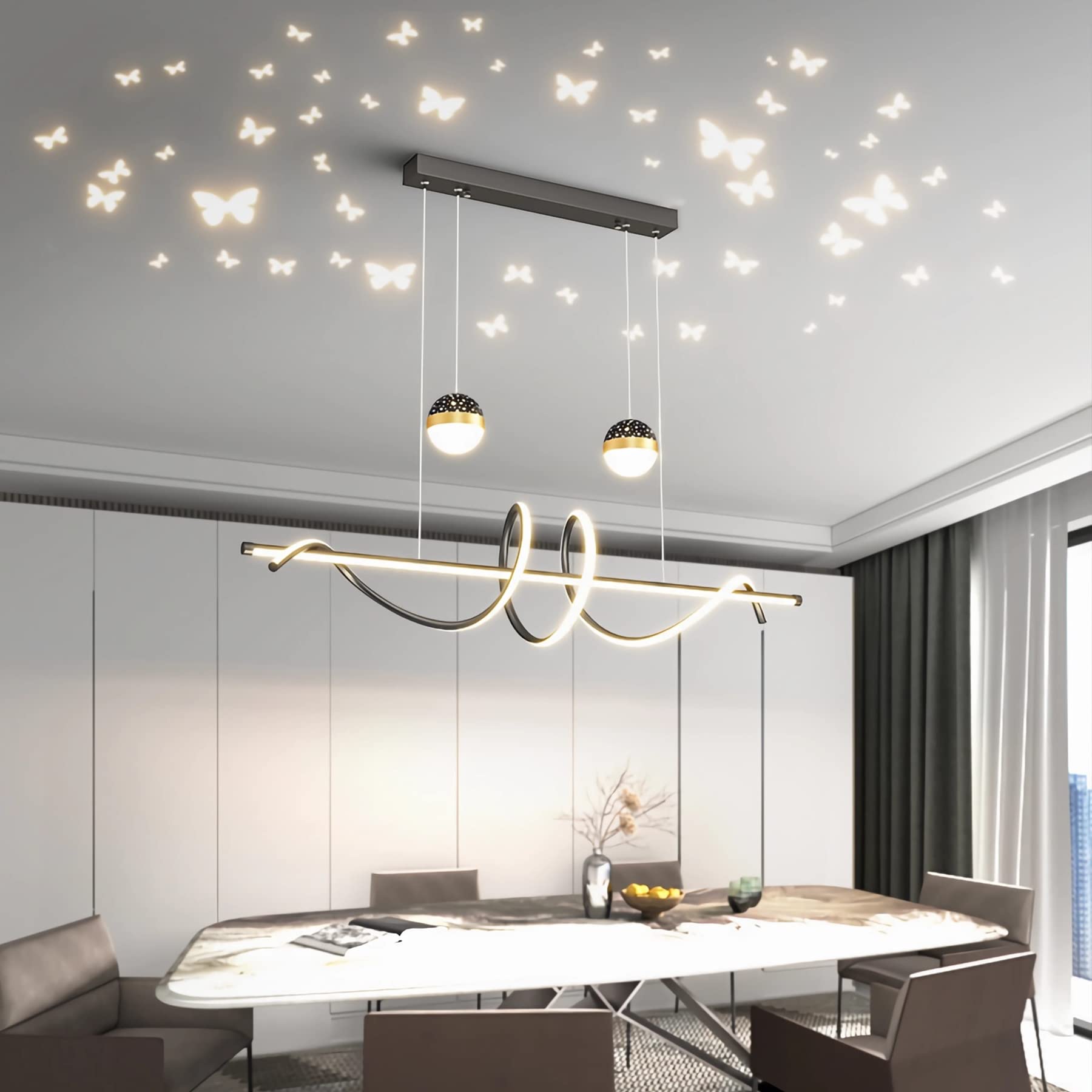 Modern Dining Table Pendant Lamp LED Dimmable Black Pendant Lamp with Remote Control Height Adjustable Chandelier for Living Room Dining Room Bedroom Kitchen Office (Black, L100cm)