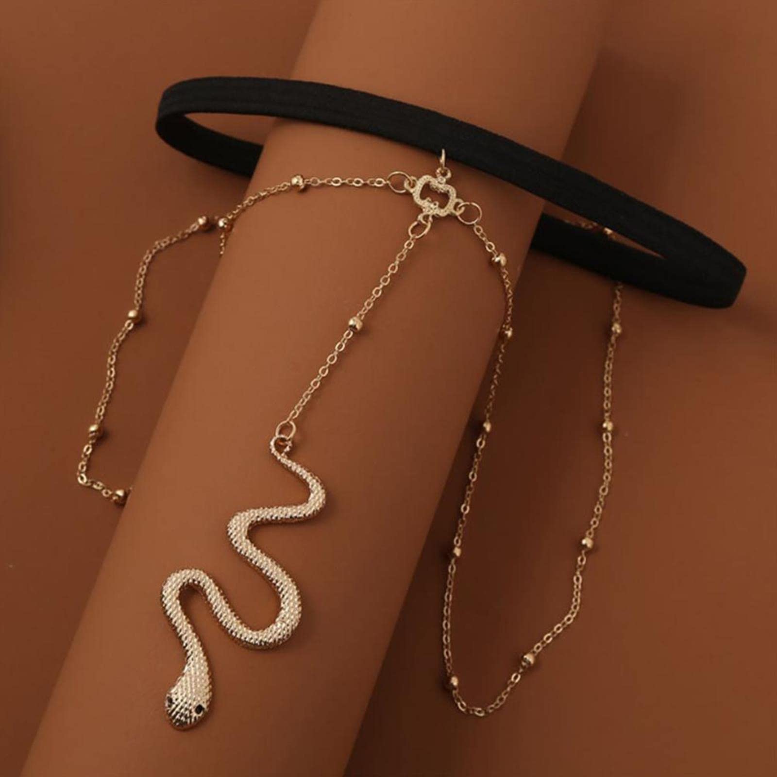 RWRAPS Böhmische Beinkette Sexy Frau Metall Perlenkette Oberschenkelkette für Frauen Schlangenanhänger Beinkette Körperschmuck Strandstil Geschenke