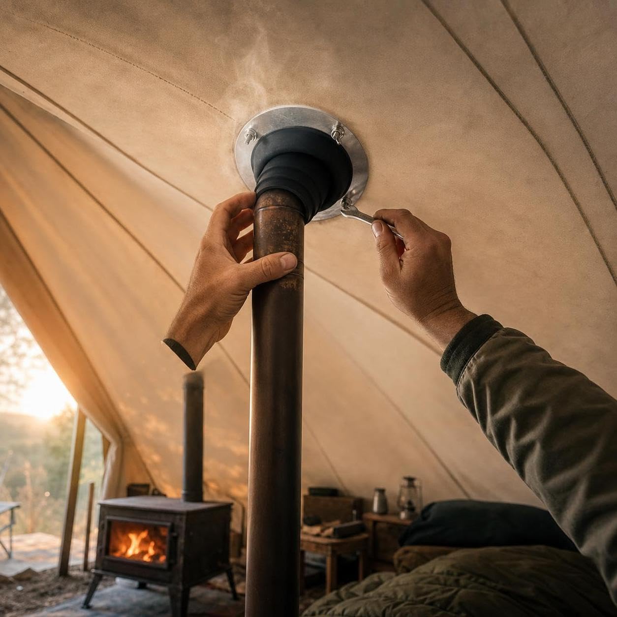 Protector para Chimenea Camping con Brida Metálica Redonda Aislante l Conducto Estufa Resistente al Ligero Acuado para Carpas Campaña y Uso Exterior, Negro, con Llave