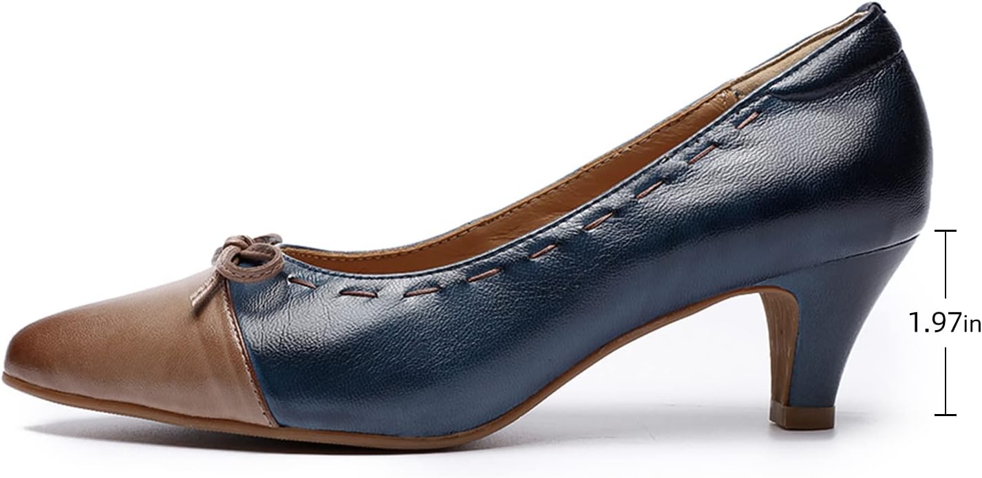 Mona flying Womens Leather Elegant Pointed Toe Bowknot Pumps Ladies Kitten Heels Dressy Casual Office Work Shoes - Image 2