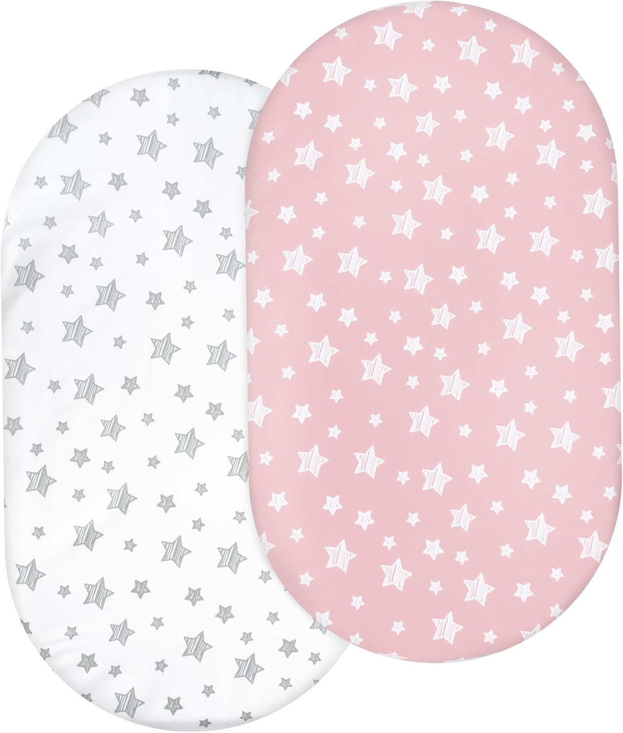 Bassinet Fitted Sheet 2 Pack, Breathable 33" X 17" for Baby Girl, Universal Sheet Fitted for Rectangle, Oval, Hourglass Mattress, Bassinet Sheets with Ultra Soft Microfiber, White&Pink Star