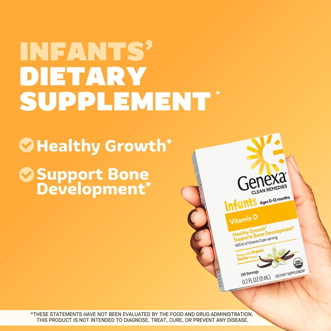 Genexa Infants Vitamin D Liquid Drops for Newborn, Baby & Toddler | Bone Development | Delicious Organic Vanilla Flavor | Certified Organic, Gluten Free, & Non-GMO | 270 Servings (3 Pack)