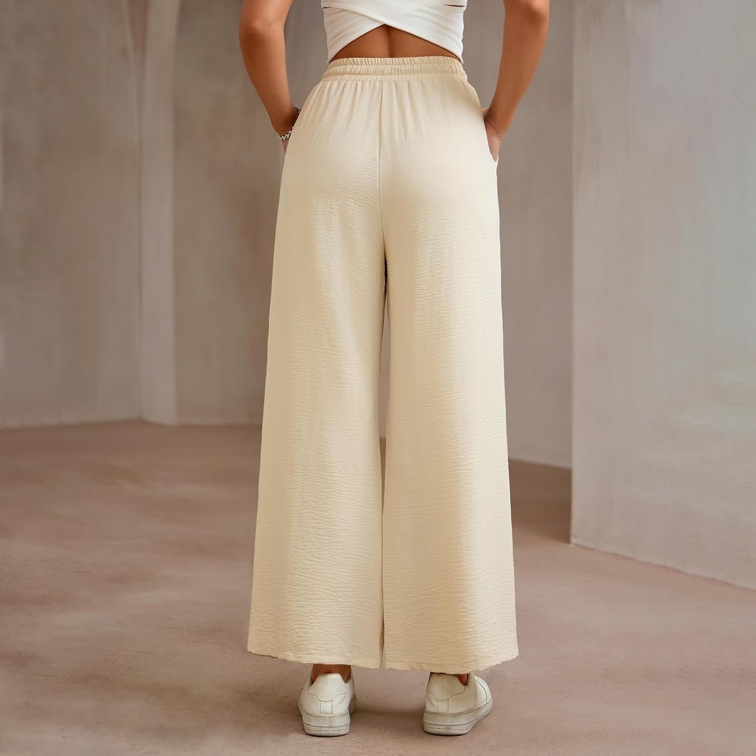 Pants for Women Wide Leg Pants Drawstring Elastic High Waist Flowy Work Formal Pants with Pockets - Image 2