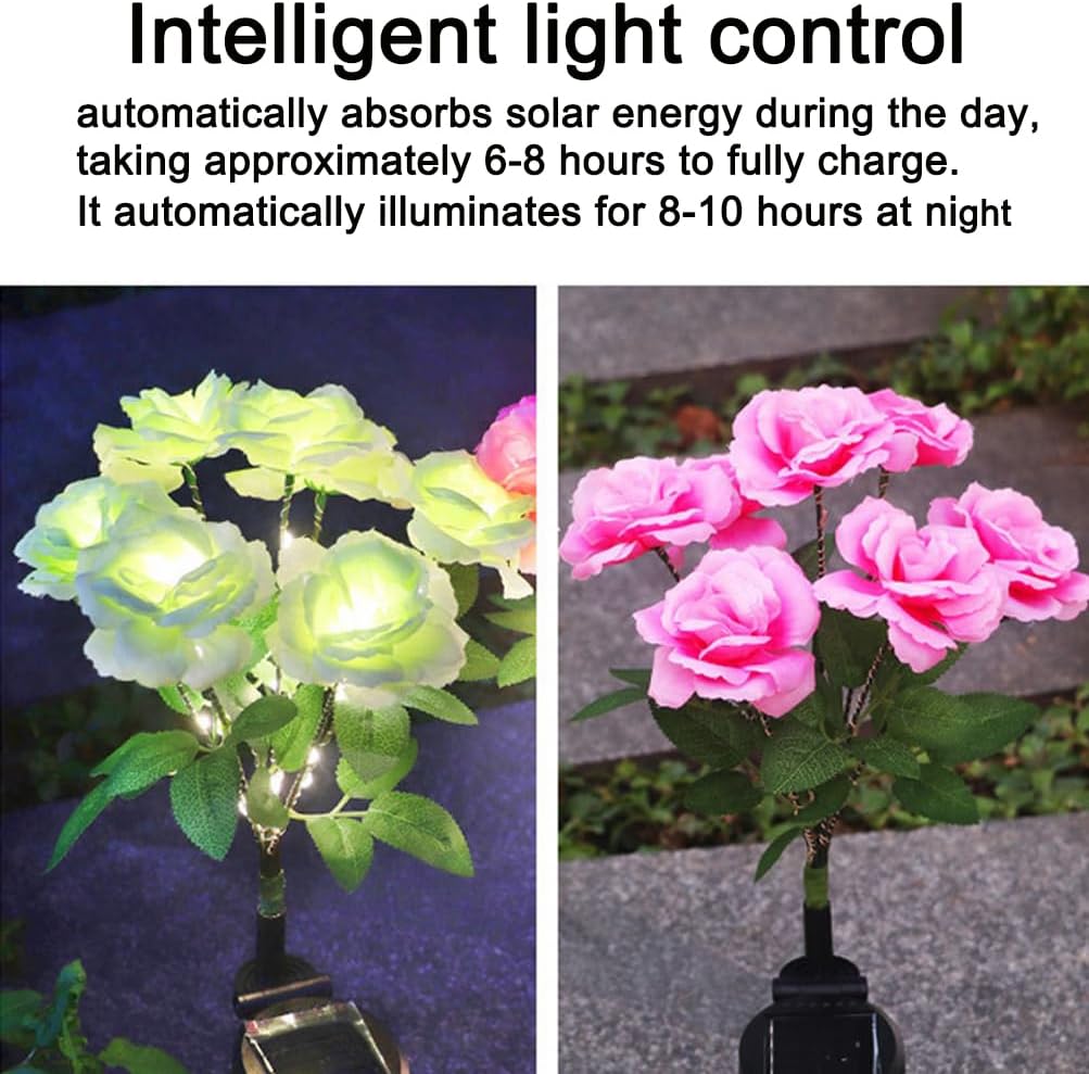 Aolyty Solar Garden Lights, 2 Pack Solar Rose Lights with 14 Rose Flowers, IP65 Waterproof LED Landscape Light Warm Light for Garden Patio Yard Pathway Valentines Day Outdoor Decorative (White)